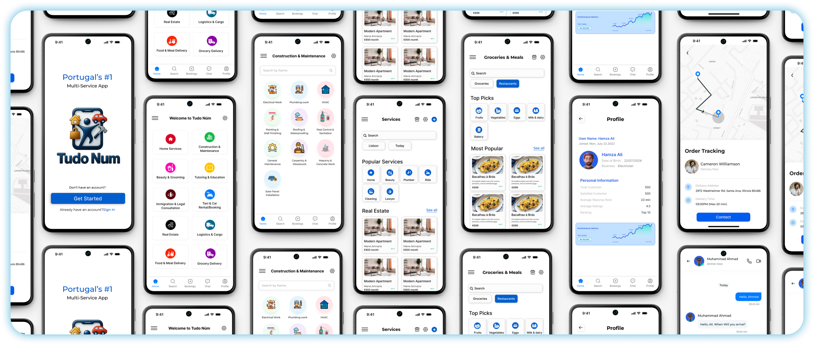 Various mobile app screens showcasing Tudo Num's mobile experience